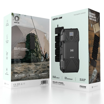 GREEN LION SOLAR 5-PANEL 20000MAH POWER BANK PD20W - BLACK