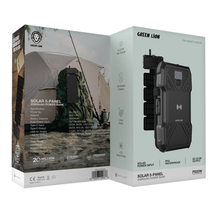 GREEN LION SOLAR 5-PANEL 20000MAH POWER BANK PD20W - BLACK