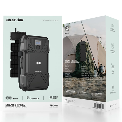 GREEN LION SOLAR 5-PANEL 20000MAH POWER BANK PD20W - BLACK