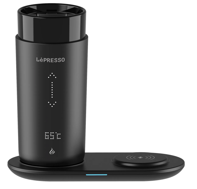 LEPRESSO TRAVEL HEATED MUG 12OZ WITH WIRELESS CHARGING PAD - BLACK
