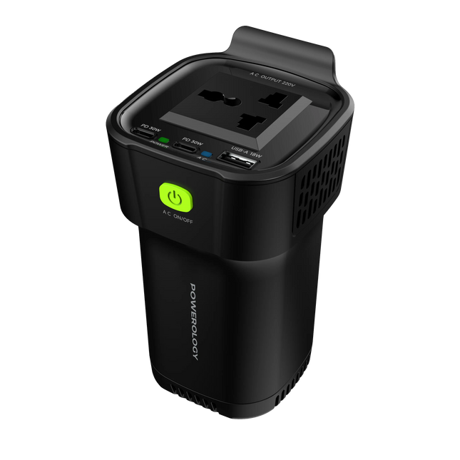 Powerology 150W Inverter AC Universal USB A 2type-C DC Car 12V10A - Black