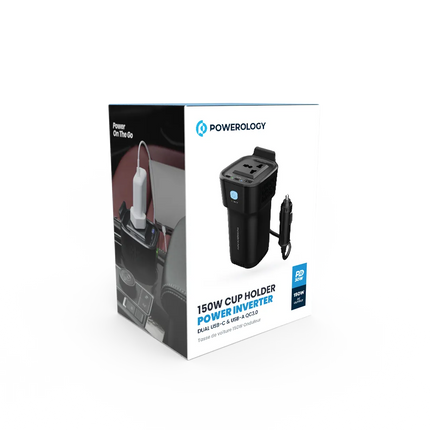 Powerology 150W Inverter AC Universal USB A 2type-C DC Car 12V10A - Black