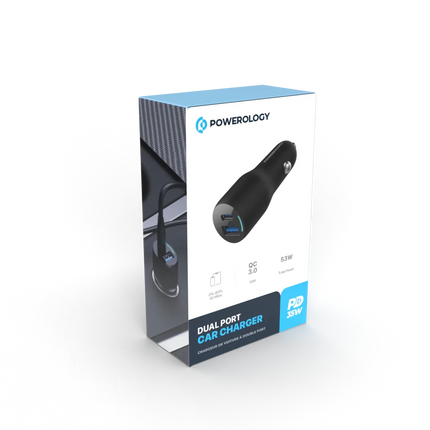 Powerology 35W PD + QC3.0 LED Dual Ports Car Charger -Black