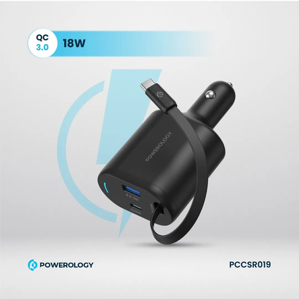 Powerology Dual Ports Car Charger with Type-C Extendable Cable – 1m – Black