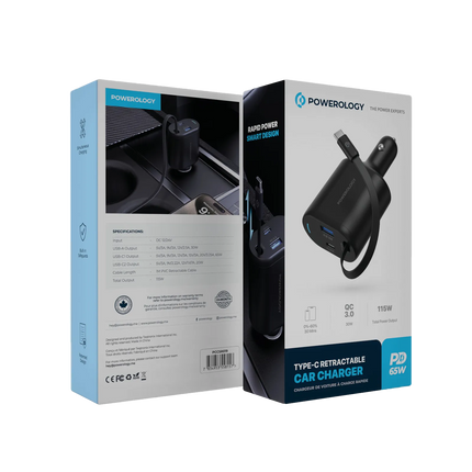 Powerology Dual Ports Car Charger with Type-C Extendable Cable – 1m – Black