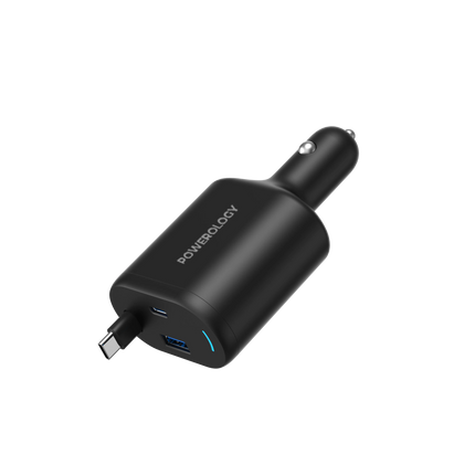 Powerology Dual Ports Car Charger with Type-C Extendable Cable – 1m – Black