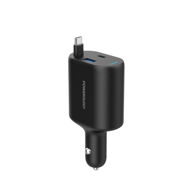 Powerology Dual Ports Car Charger with Type-C Extendable Cable – 1m – Black