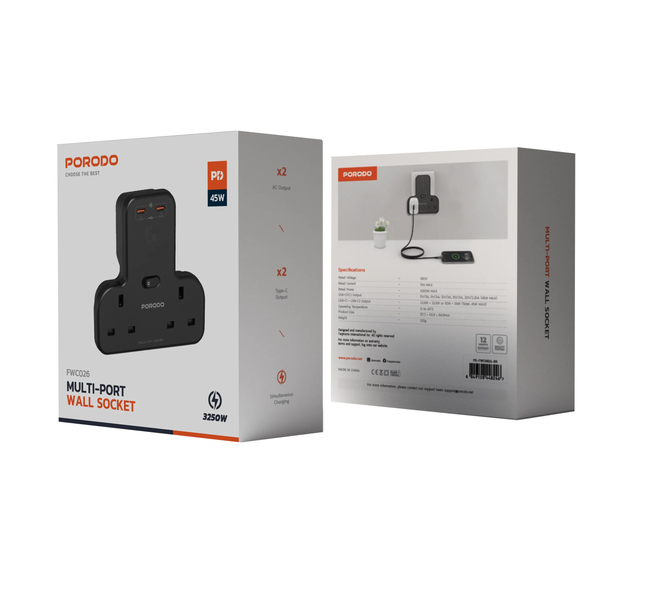 PORODO PD 45W 2C PORT ADAPTER - BLACK