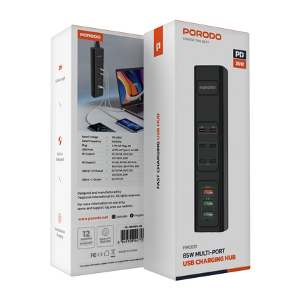 PORODO 85W X6 PD X3 USB FAST CHARGING STRIP UK (2M WIRE) - BLACK