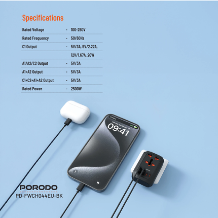 PORODO 2500W EU PIN TRAVEL ADAPTER - BLACK
