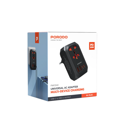 PORODO 2500W EU PIN TRAVEL ADAPTER - BLACK