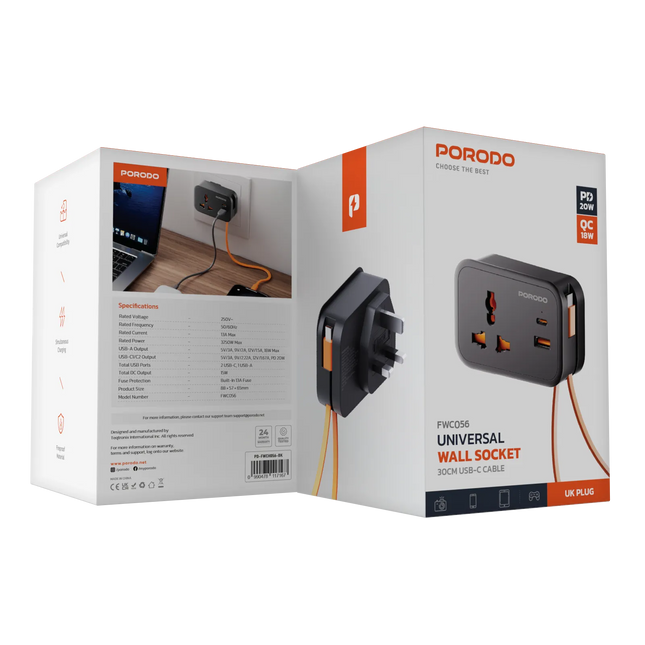 PORODO 20W UNIVERSAL WALL SOCKET UK PLUG 1 AC*1 USB-A*1 USB-C WITH 30CM USB-C CABLE