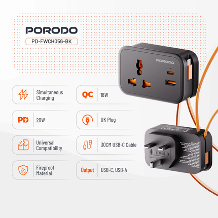 PORODO 20W UNIVERSAL WALL SOCKET UK PLUG 1 AC*1 USB-A*1 USB-C WITH 30CM USB-C CABLE