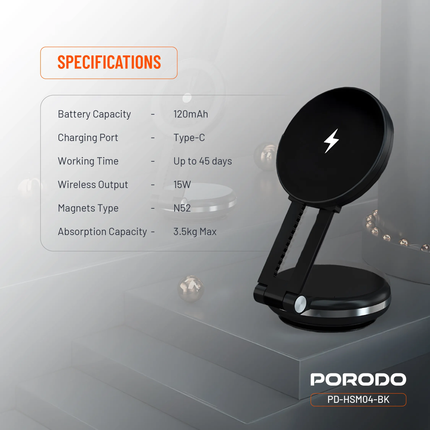 PORODO 15W MAGSAFE WIRELESS CHARGER WITH DUAL N52 MAGNETS FOLDABLE & EXTENDABLE ELECTR