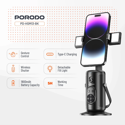 PORODO MULTIFUNCTIONAL FOLDABLE PHONE STAND WITH FACE TRACKING AND DUAL ADJUSTABLE FIL