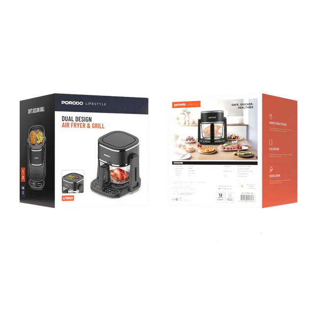 Porodo Lifestyle 2-in-1 Glass Air Fryer – Black