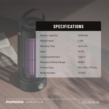 PORODO LIFESTYLE ELECTRIC INSECT KILLER LAMP 2000MAH TYPE-C - BLACK