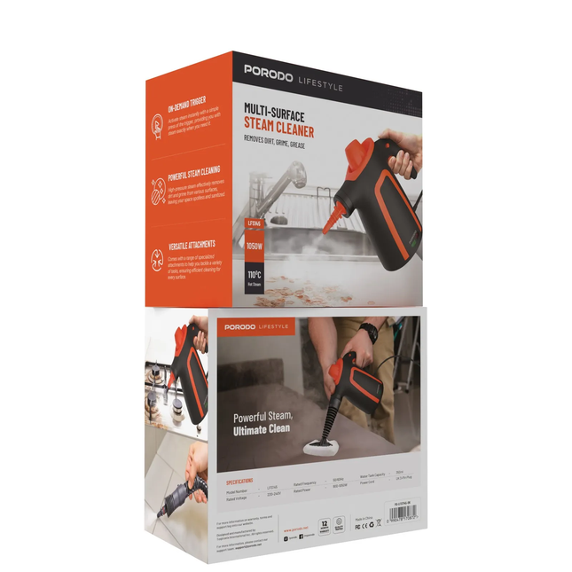 PORODO LIFESTYLE 1050W DETERGENT STEAM CLEANER - BLACK