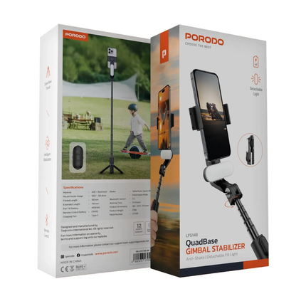 PORODO GIMBAL STABILIZER SELFIE STICK TRIPOD WITH FILL LIGHT & DETACHABLE REMOTE - B