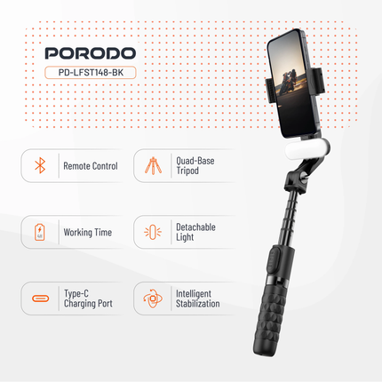 PORODO GIMBAL STABILIZER SELFIE STICK TRIPOD WITH FILL LIGHT & DETACHABLE REMOTE - B