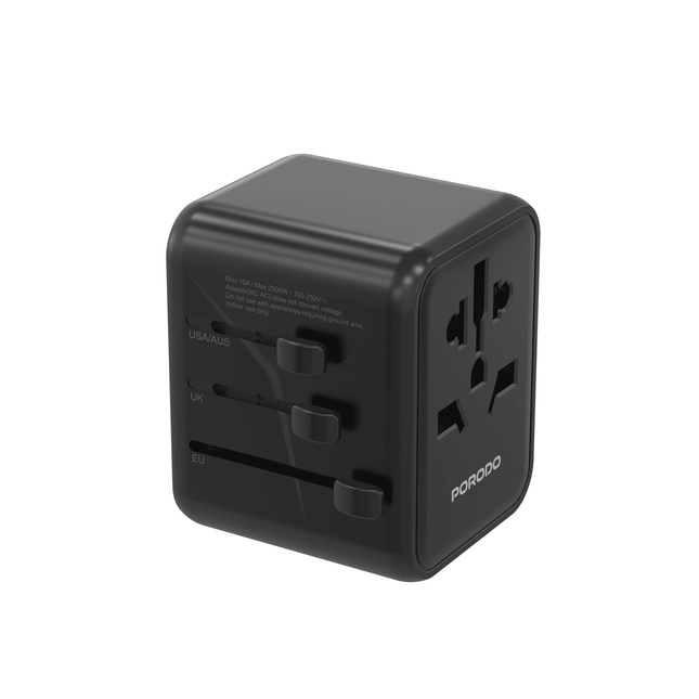 PORODO DUAL USB-A UNIVERSAL TRAVEL ADAPTER 2.4A - BLACK