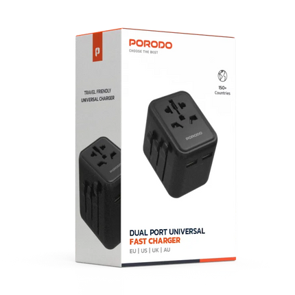 PORODO DUAL USB-A UNIVERSAL TRAVEL ADAPTER 2.4A - BLACK