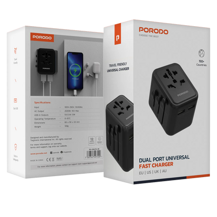PORODO DUAL USB-A UNIVERSAL TRAVEL ADAPTER 2.4A - BLACK