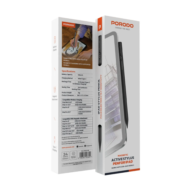 PORODO WIRELESS & TYPE C CHARGING STYLUS PEN 380655 LI-POLYMER BATTERY,100MAH - BLACK