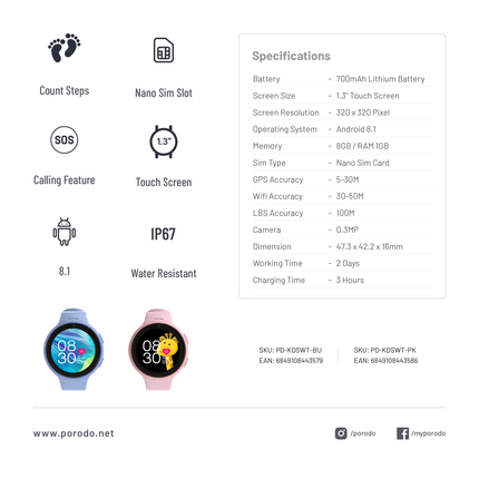 PORODO 4G KIDS GPS SMART WATCH WITH JUNICARE APP - BLUE