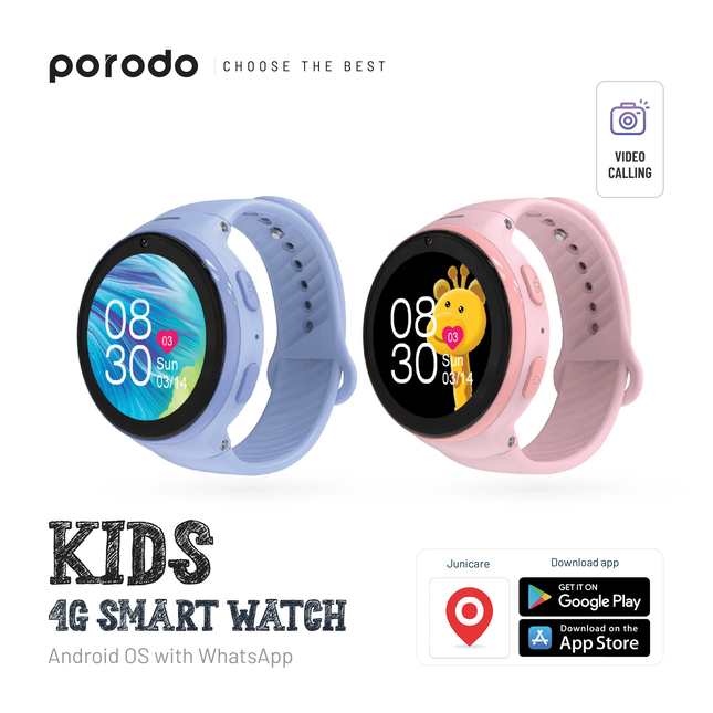 PORODO 4G KIDS GPS SMART WATCH WITH JUNICARE APP - BLUE