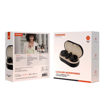 PORODO WIRELESS MICROPHONE DUAL MIC WITH CHARGING CASE- BLACK