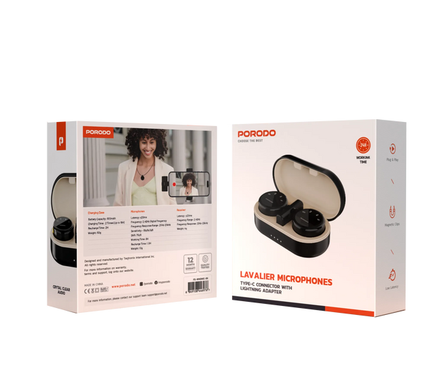 PORODO WIRELESS MICROPHONE DUAL MIC WITH CHARGING CASE- BLACK