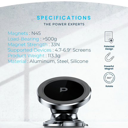 POWEROLOGY HEAVY DUTY MAGNETIC CAR MOUNT 360 ROTATABLE WITH 3M METAL PLATES - SILVER