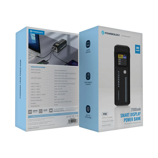 Powereology 140W Dual-Channel Smart Battery Display Power Bank – 27000mAh