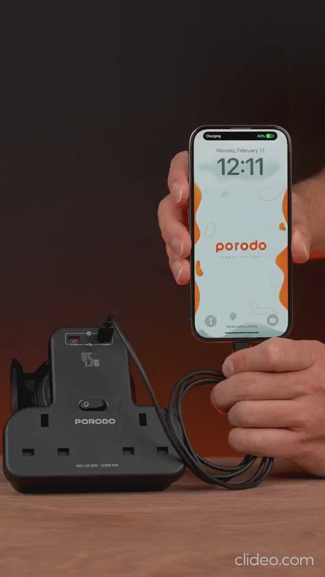 محول طاقة PORODO PD بقوة 45 واط ومنفذين - أسود
