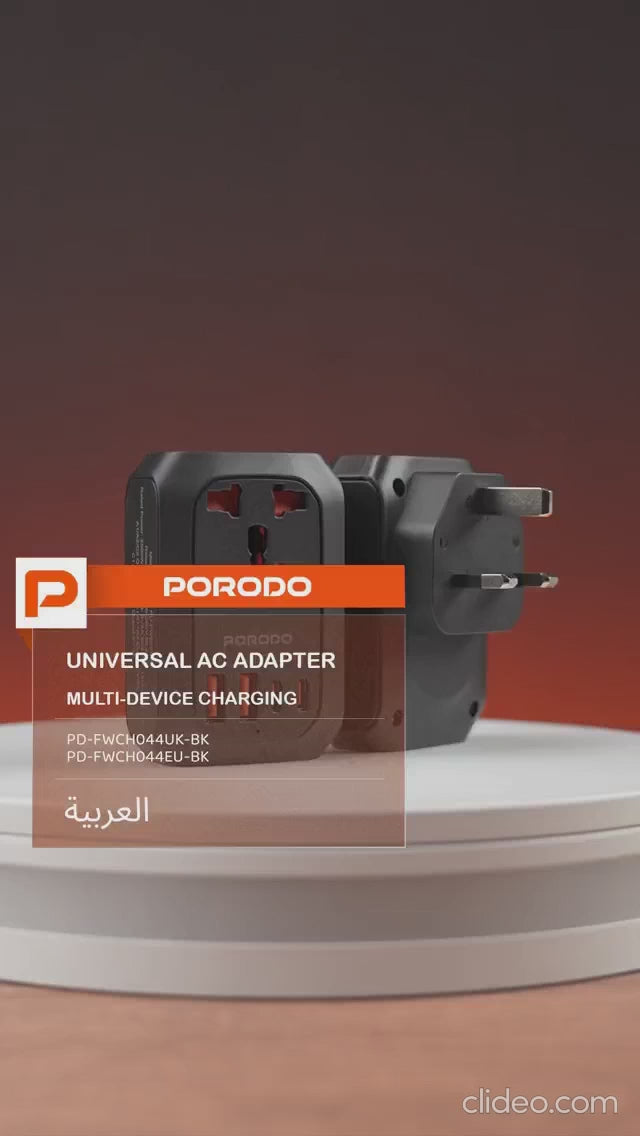 محول سفر PORODO بقوة 2500 واط بمقبس أوروبي - أسود