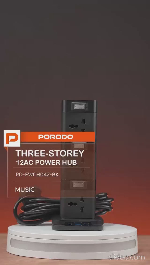 PORODO PD20W QC 3.0 1A + 2 مقبس من النوع C، طوله 3 أمتار - أسود