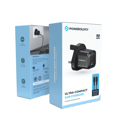 Powereology 20W Single USB-C PD Charger – Black (UK Plug) with 60W USB-C to USB-C Cable