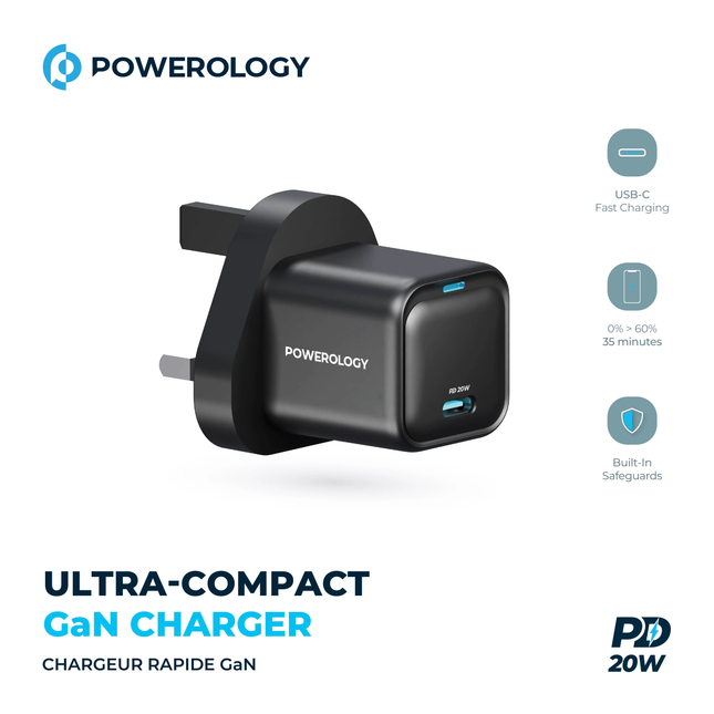 Powereology 20W Single USB-C PD Charger – Black (UK Plug)
