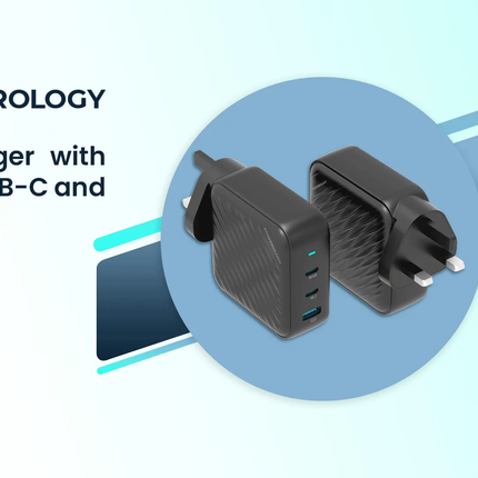 Powerology 140W PD QC 2xUSB-C and 1xUSB-A GaN Charger UK - Black