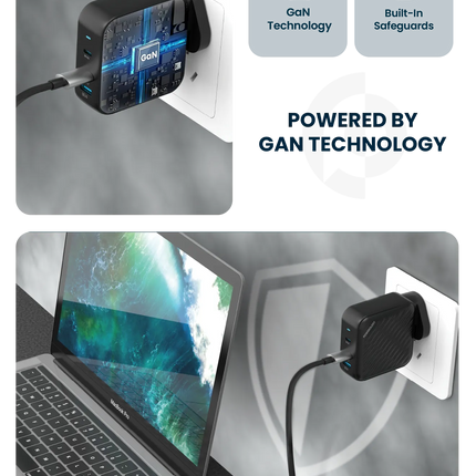 Powerology 140W PD QC 2xUSB-C and 1xUSB-A GaN Charger UK - Black