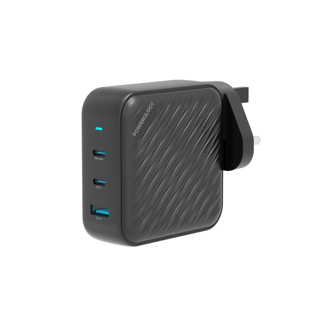 Powerology 140W PD QC 2xUSB-C and 1xUSB-A GaN Charger UK - Black