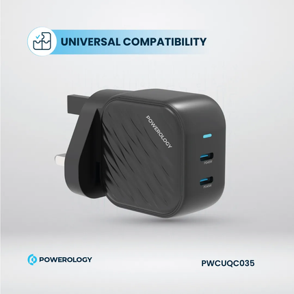Powereology PD45W 2x USB-C Port Wall Charger – Black (UK Plug)
