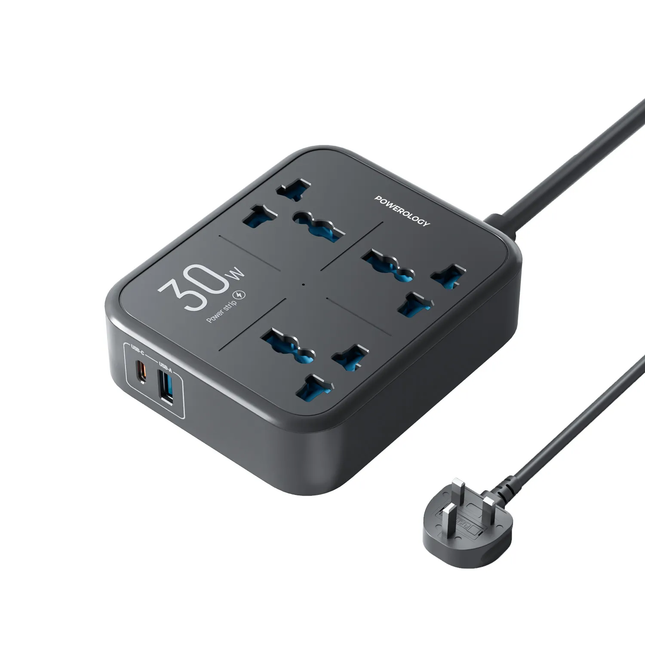 Powereology 30W Wall Socket – UK Plug (3 AC + 1 USB-A + 1 USB-C) with 2M USB-C Cable – Black
