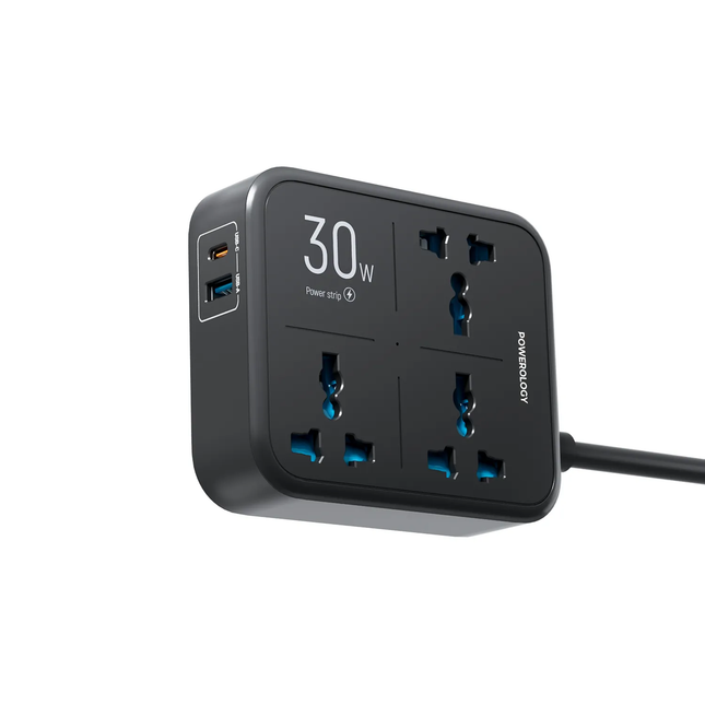 Powereology 30W Wall Socket – UK Plug (3 AC + 1 USB-A + 1 USB-C) with 2M USB-C Cable – Black