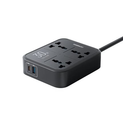 Powereology 30W Wall Socket – UK Plug (3 AC + 1 USB-A + 1 USB-C) with 2M USB-C Cable – Black