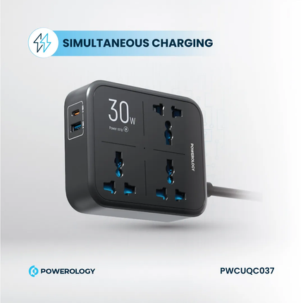 Powereology 30W Wall Socket – UK Plug (3 AC + 1 USB-A + 1 USB-C) with 2M USB-C Cable – Black