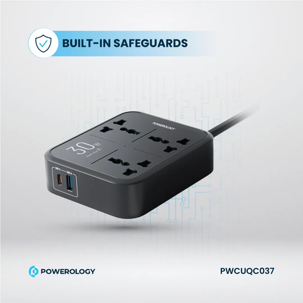Powereology 30W Wall Socket – UK Plug (3 AC + 1 USB-A + 1 USB-C) with 2M USB-C Cable – Black