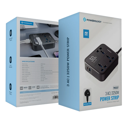 Powereology 30W Wall Socket – UK Plug (3 AC + 1 USB-A + 1 USB-C) with 2M USB-C Cable – Black