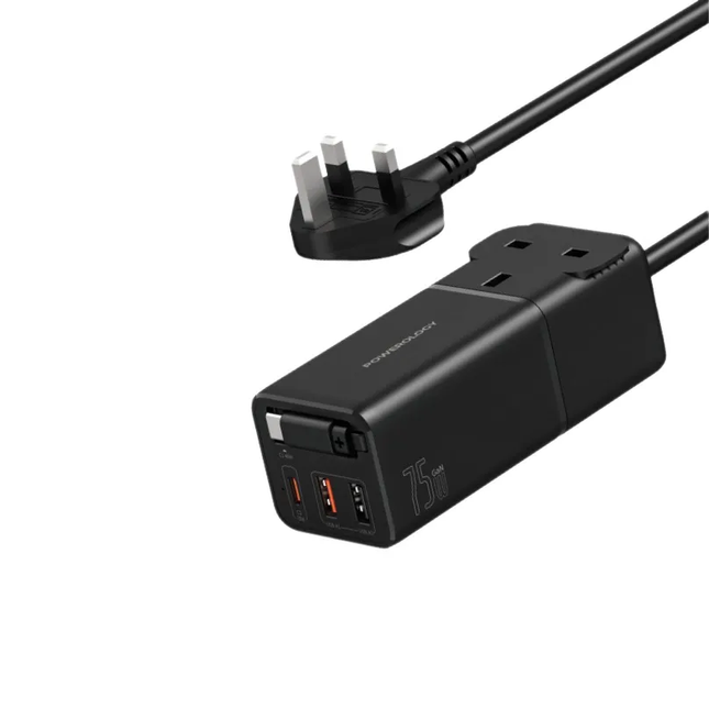 Powereology PD75W 2xUSB-C + 2xUSB-A GaN Desktop Power Strip – Black